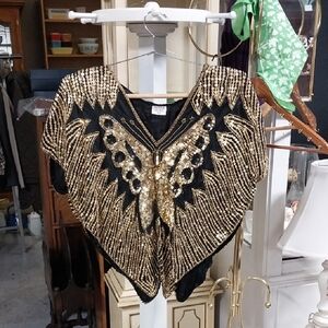 Vintage Shimmer Elegant Black and Gold Sequin Butterfly Top